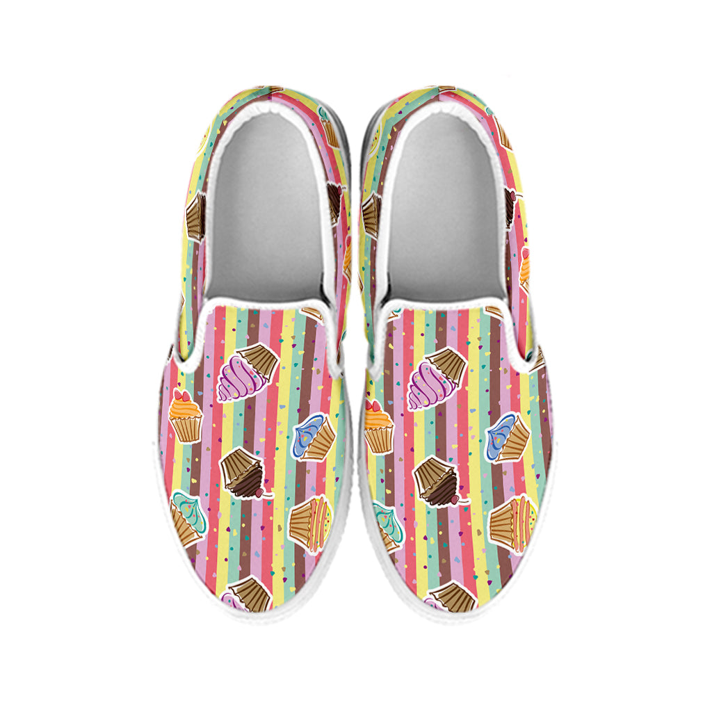 Pastel Striped Cupcake Pattern Print White Slip On Shoes