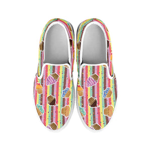 Pastel Striped Cupcake Pattern Print White Slip On Shoes