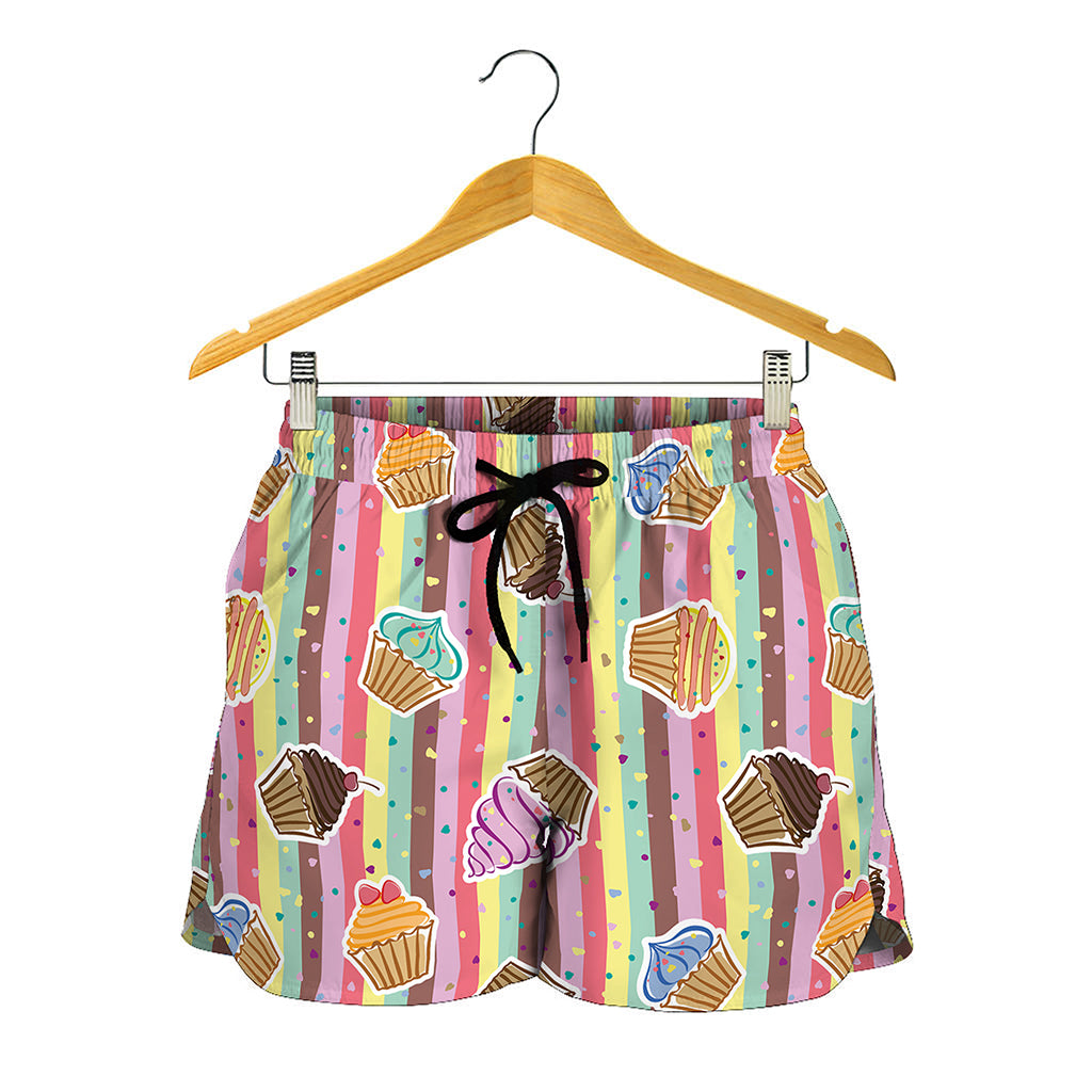 Pastel Striped Cupcake Pattern Print Women's Shorts