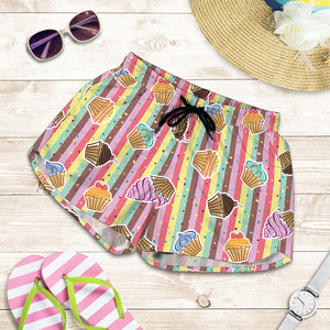 Pastel Striped Cupcake Pattern Print Women's Shorts