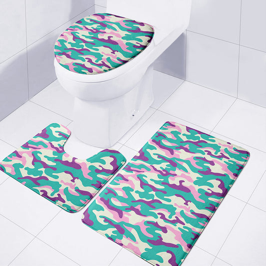 Pastel Teal And Purple Camouflage Print 3 Piece Bath Mat Set