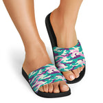 Pastel Teal And Purple Camouflage Print Black Slide Sandals
