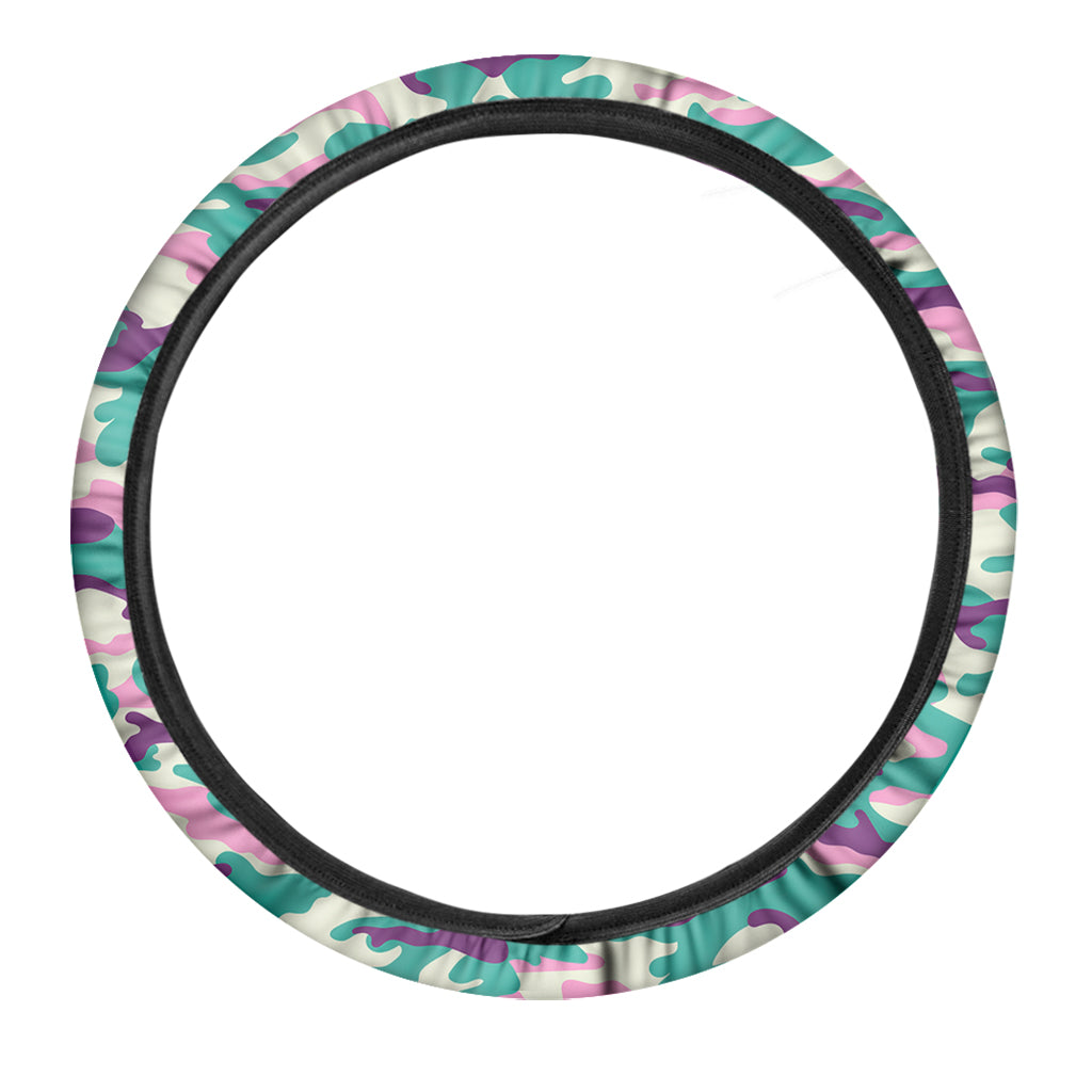 Pastel Teal And Purple Camouflage Print Car Steering Wheel Cover