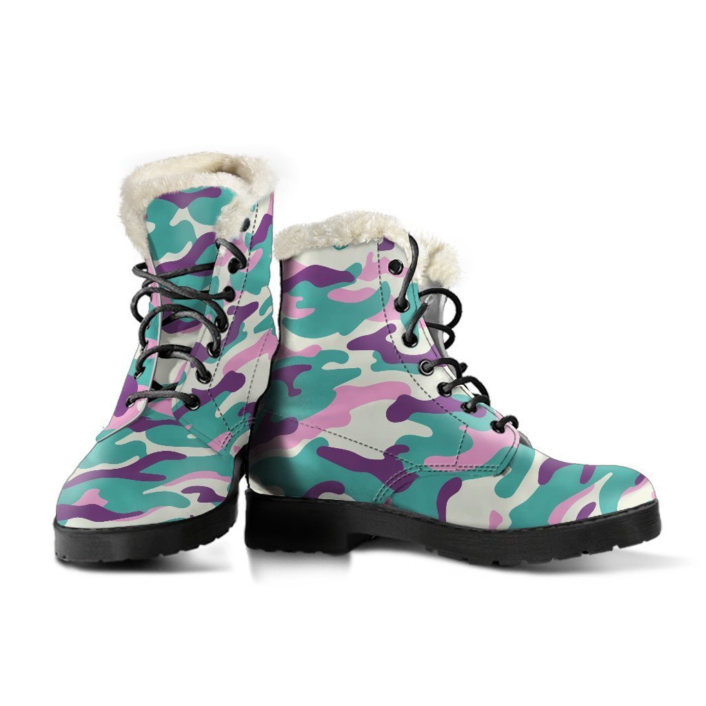 Pastel Teal And Purple Camouflage Print Comfy Boots GearFrost
