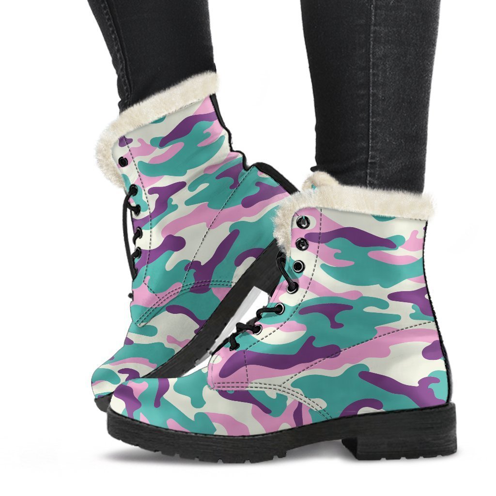 Pastel Teal And Purple Camouflage Print Comfy Boots GearFrost
