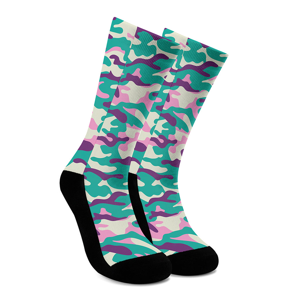 Pastel Teal And Purple Camouflage Print Crew Socks