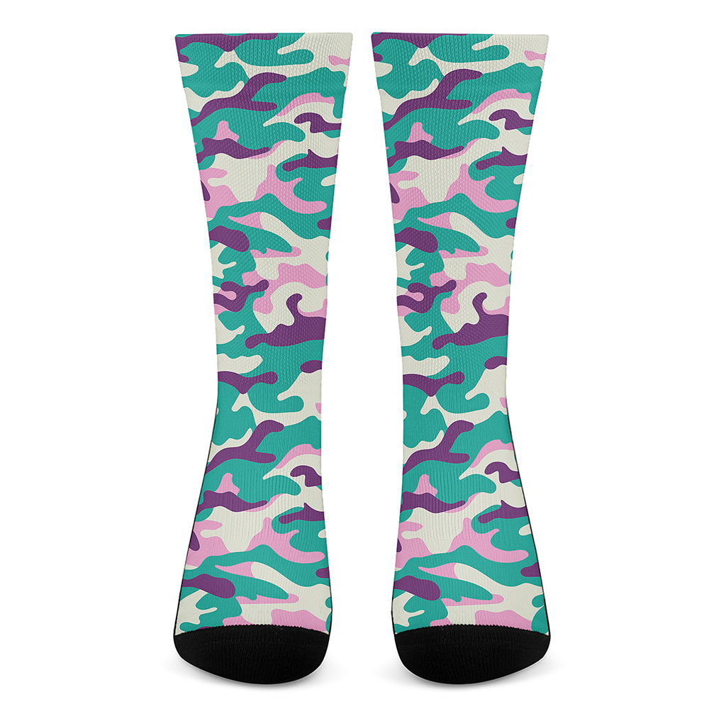 Pastel Teal And Purple Camouflage Print Crew Socks