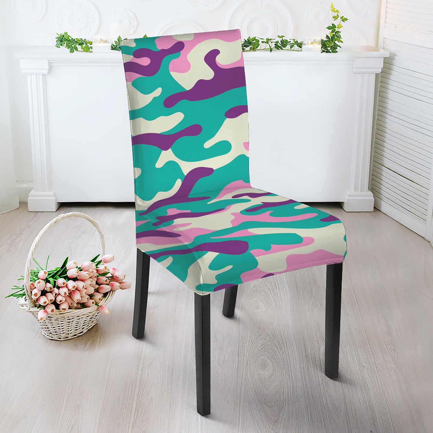 Pastel Teal And Purple Camouflage Print Dining Chair Slipcover
