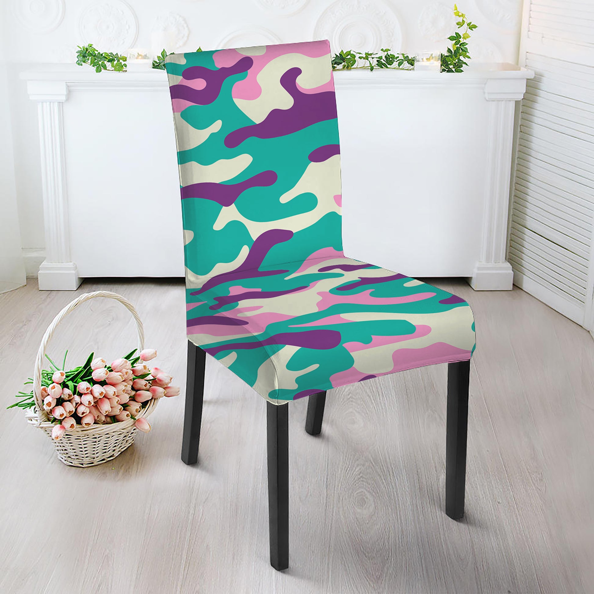 Pastel Teal And Purple Camouflage Print Dining Chair Slipcover