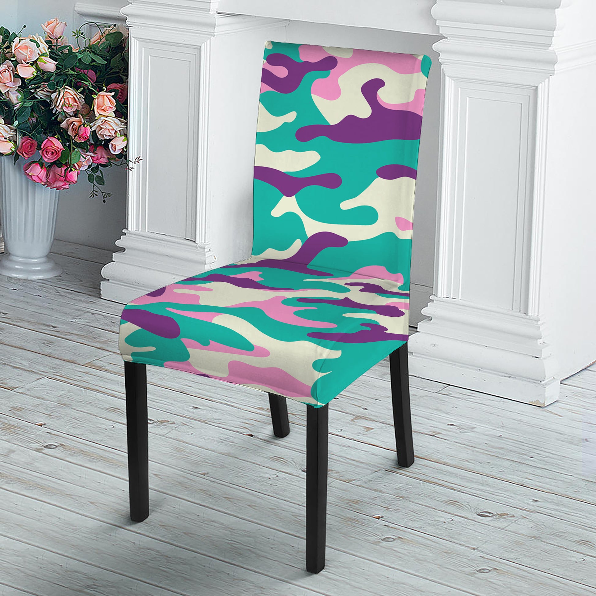 Pastel Teal And Purple Camouflage Print Dining Chair Slipcover