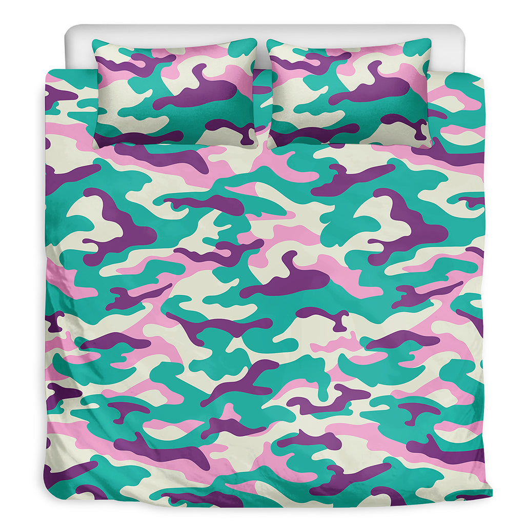 Pastel Teal And Purple Camouflage Print Duvet Cover Bedding Set