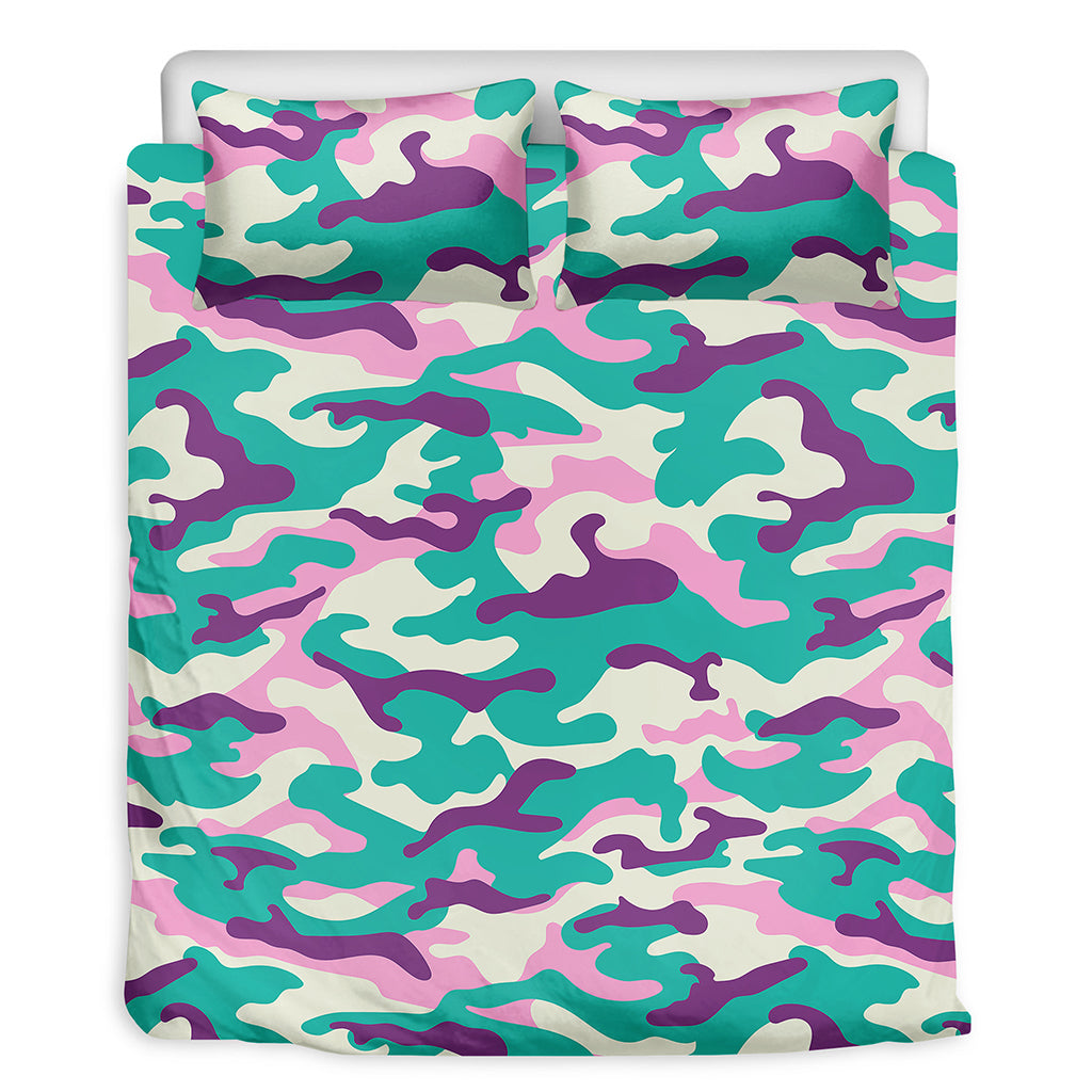 Pastel Teal And Purple Camouflage Print Duvet Cover Bedding Set