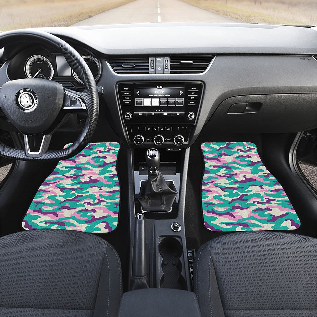 Pastel Teal And Purple Camouflage Print Front and Back Car Floor Mats