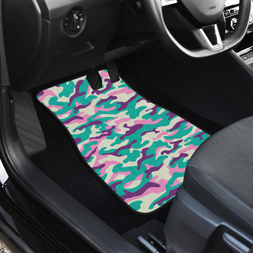 Pastel Teal And Purple Camouflage Print Front and Back Car Floor Mats