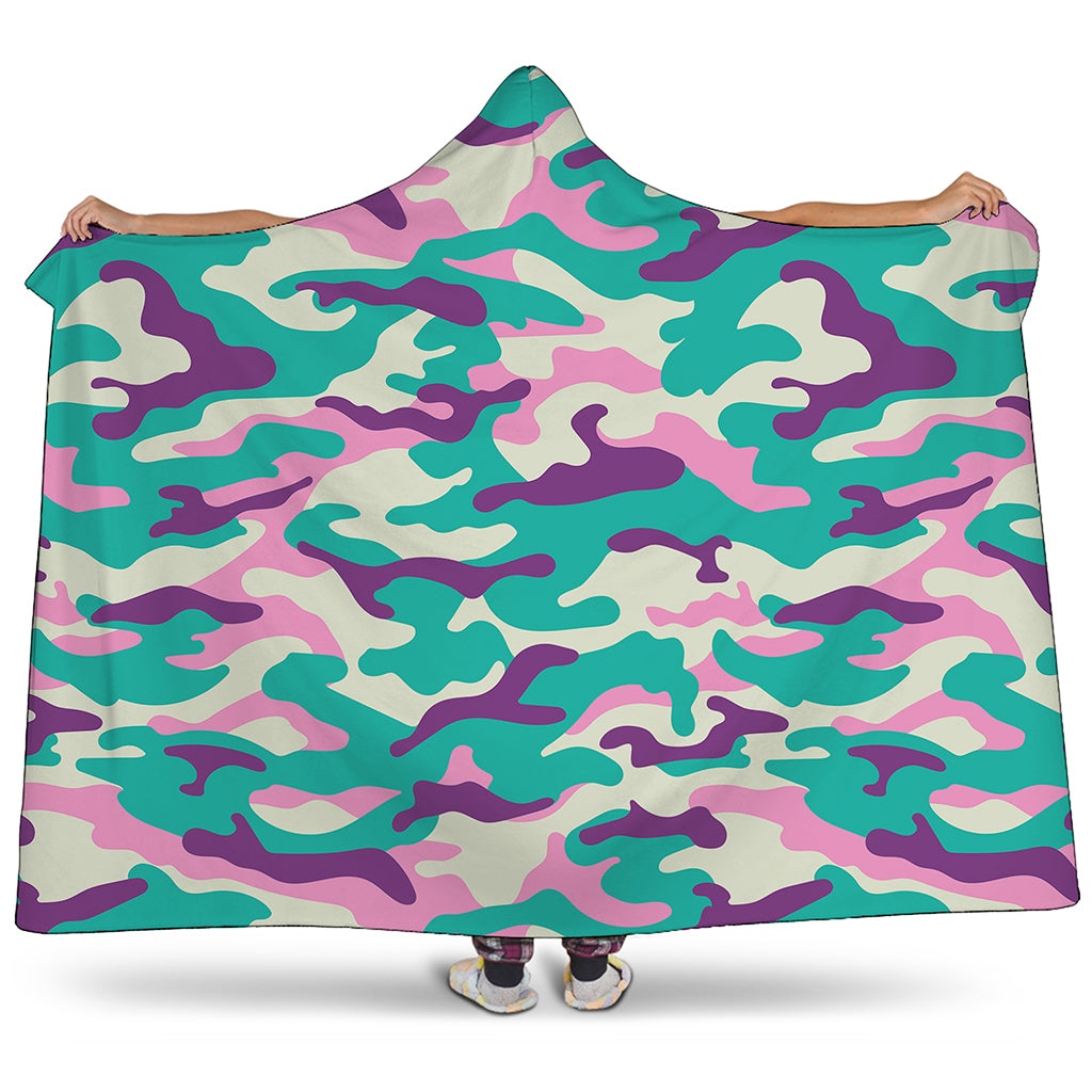 Pastel Teal And Purple Camouflage Print Hooded Blanket