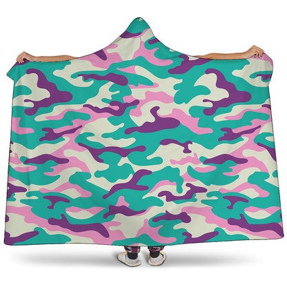 Pastel Teal And Purple Camouflage Print Hooded Blanket