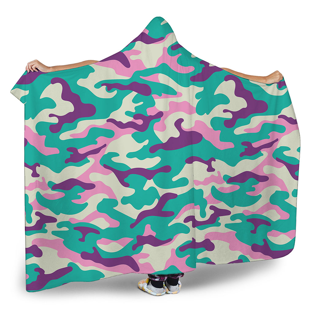 Pastel Teal And Purple Camouflage Print Hooded Blanket