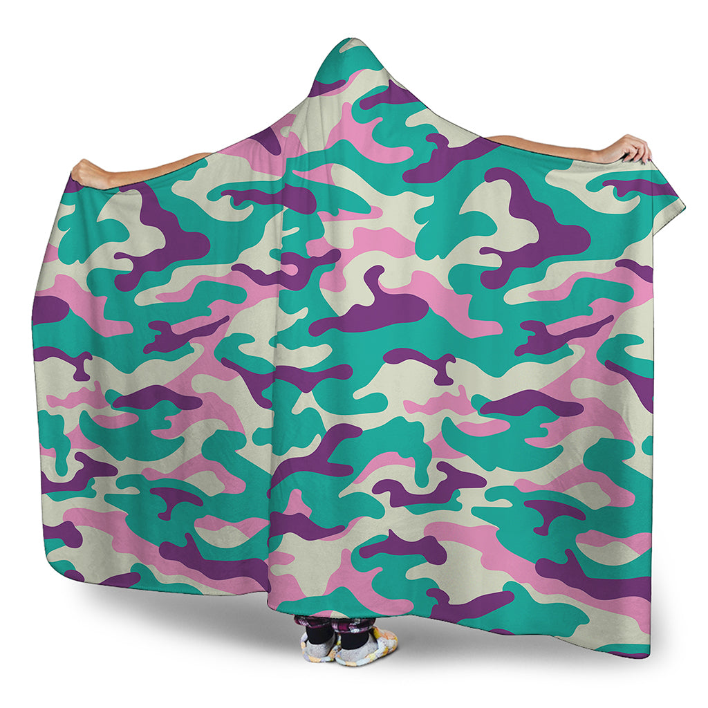 Pastel Teal And Purple Camouflage Print Hooded Blanket