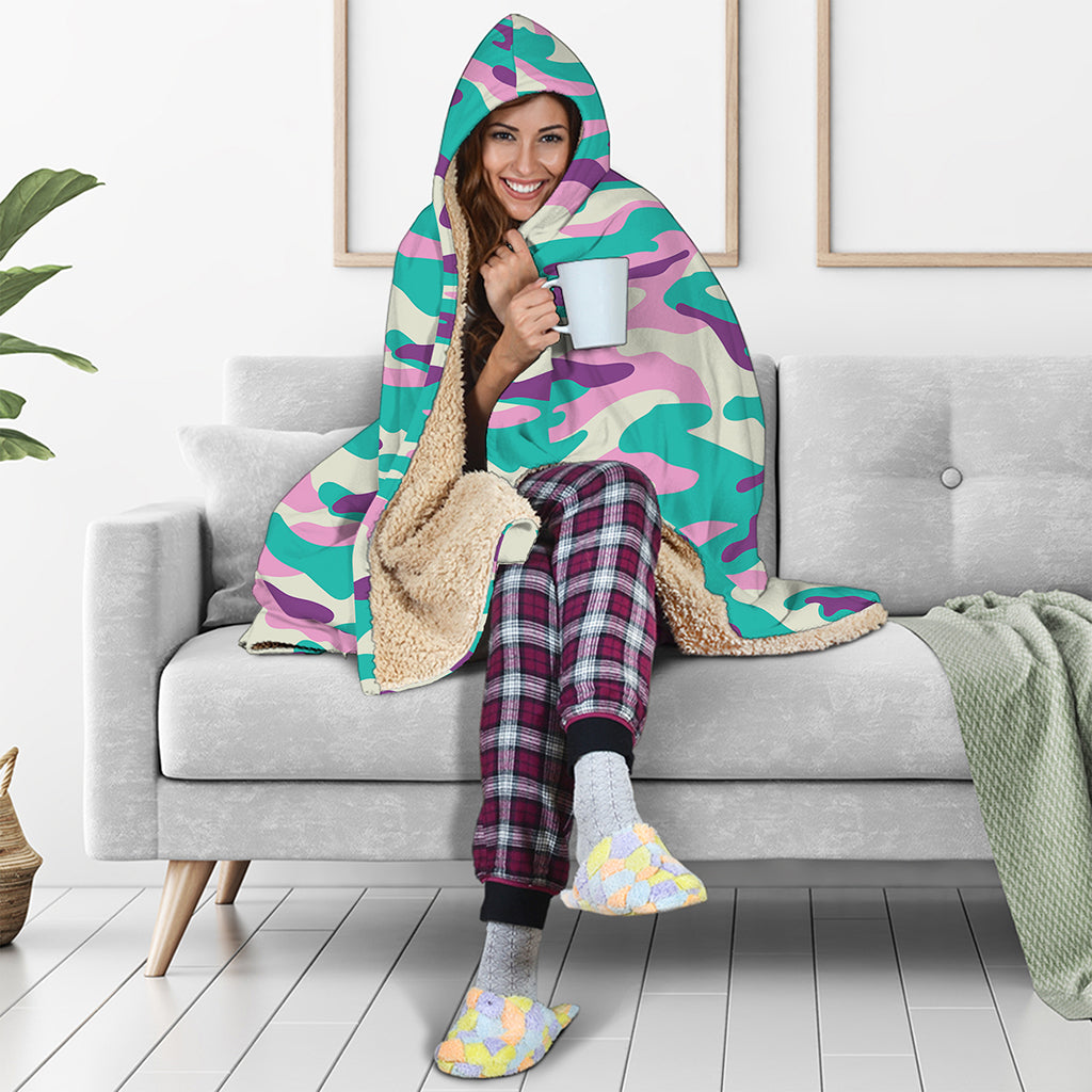 Pastel Teal And Purple Camouflage Print Hooded Blanket