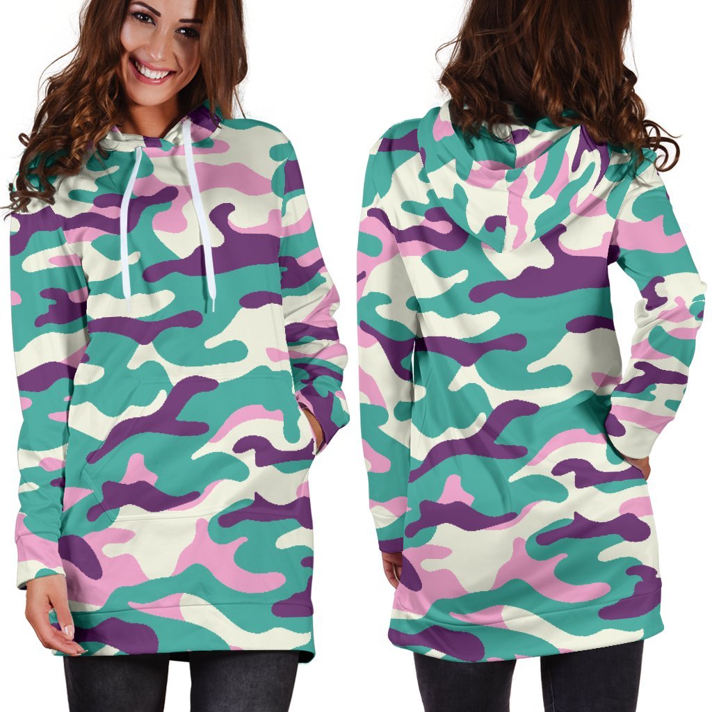 Pastel Teal And Purple Camouflage Print Hoodie Dress GearFrost