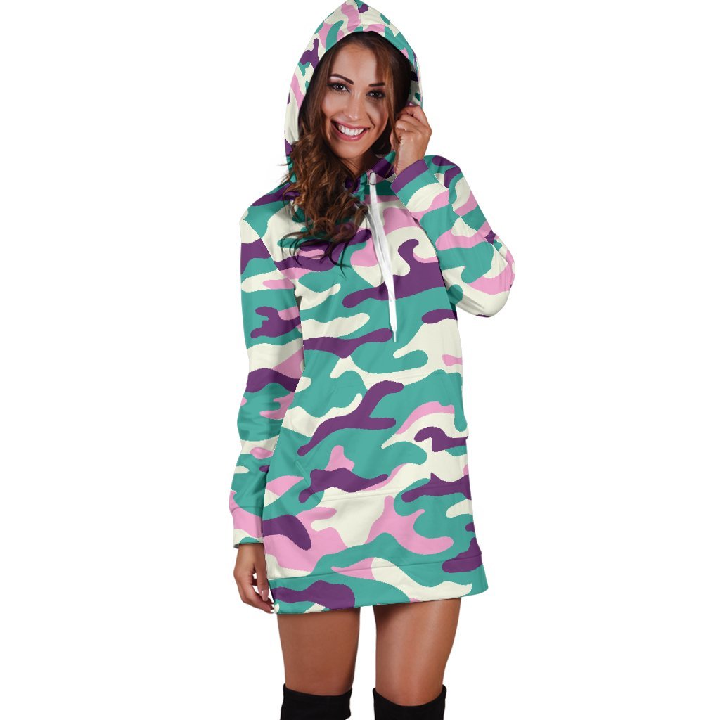 Pastel Teal And Purple Camouflage Print Hoodie Dress GearFrost