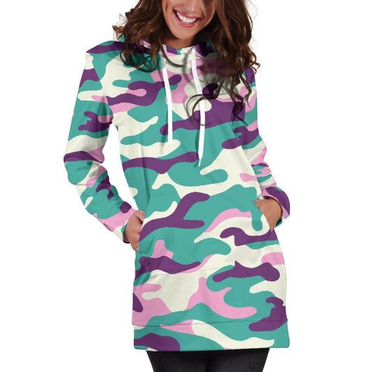 Pastel Teal And Purple Camouflage Print Hoodie Dress GearFrost