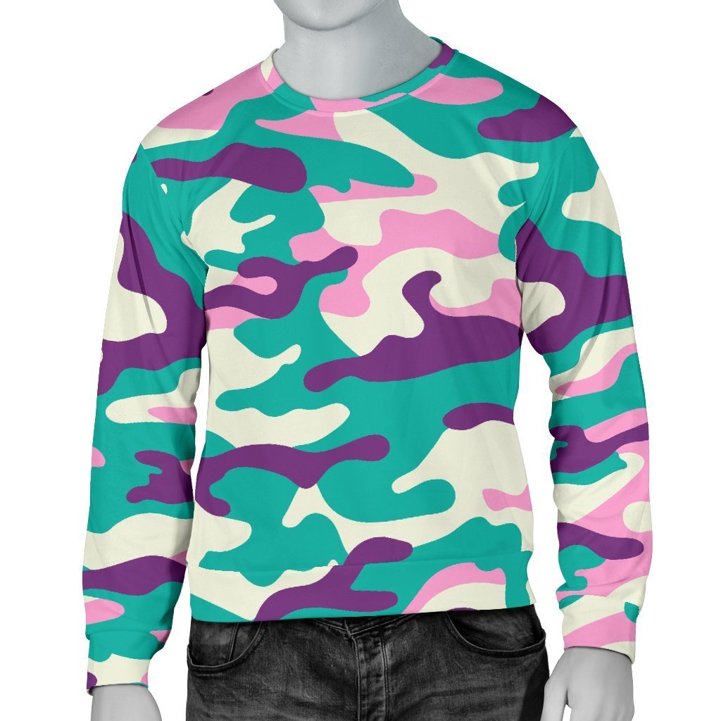 Pastel Teal And Purple Camouflage Print Men's Crewneck Sweatshirt GearFrost