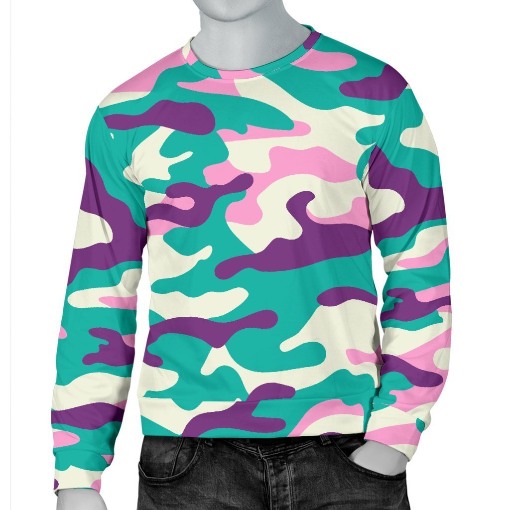 Pastel Teal And Purple Camouflage Print Men's Crewneck Sweatshirt GearFrost