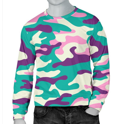 Pastel Teal And Purple Camouflage Print Men's Crewneck Sweatshirt GearFrost