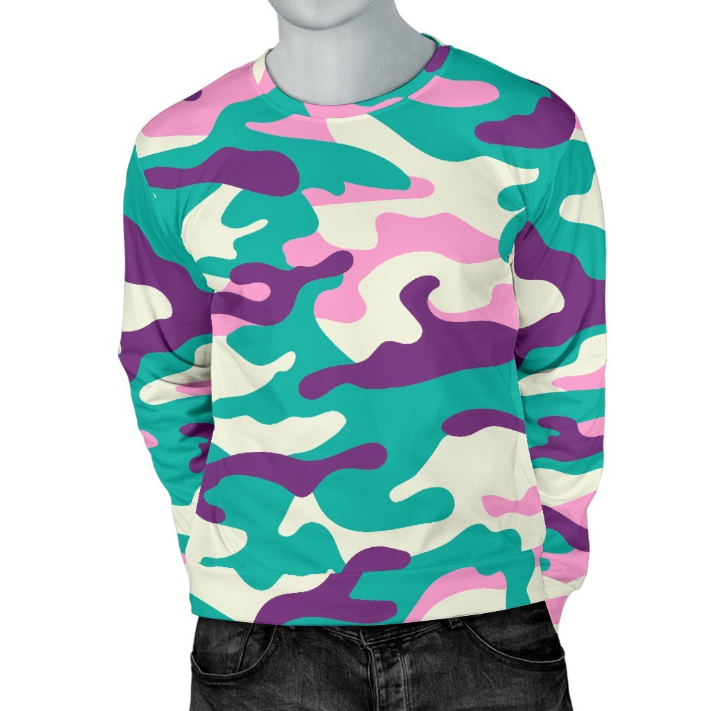 Pastel Teal And Purple Camouflage Print Men's Crewneck Sweatshirt GearFrost