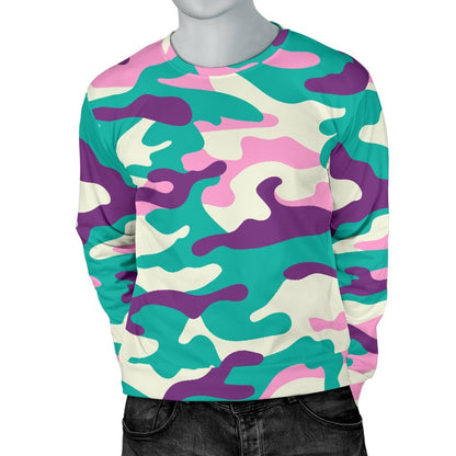 Pastel Teal And Purple Camouflage Print Men's Crewneck Sweatshirt GearFrost