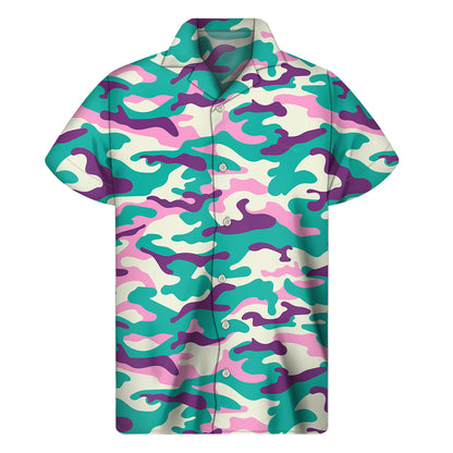 Pastel Teal And Purple Camouflage Print Men's Short Sleeve Shirt