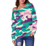 Pastel Teal And Purple Camouflage Print Off Shoulder Sweatshirt GearFrost