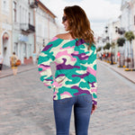 Pastel Teal And Purple Camouflage Print Off Shoulder Sweatshirt GearFrost