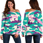 Pastel Teal And Purple Camouflage Print Off Shoulder Sweatshirt GearFrost