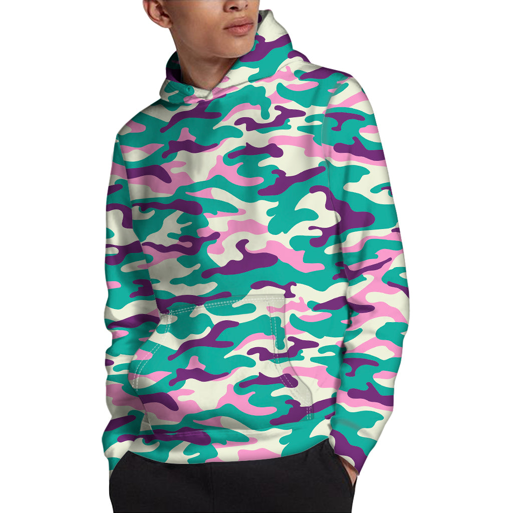 Pastel Teal And Purple Camouflage Print Pullover Hoodie