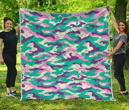 Pastel Teal And Purple Camouflage Print Quilt