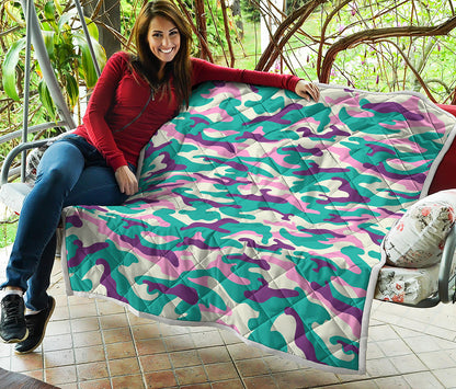 Pastel Teal And Purple Camouflage Print Quilt