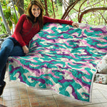 Pastel Teal And Purple Camouflage Print Quilt