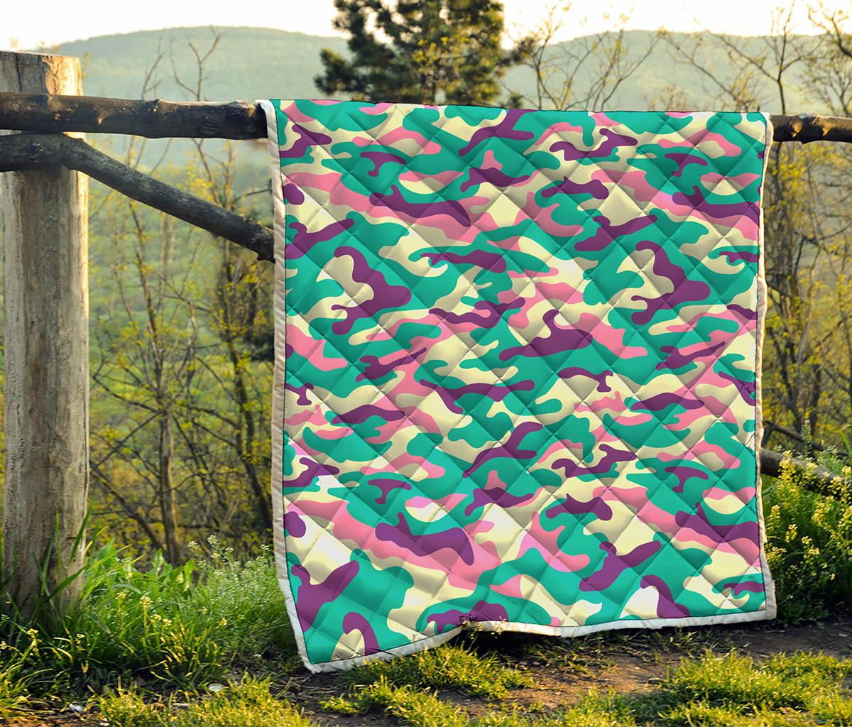 Pastel Teal And Purple Camouflage Print Quilt