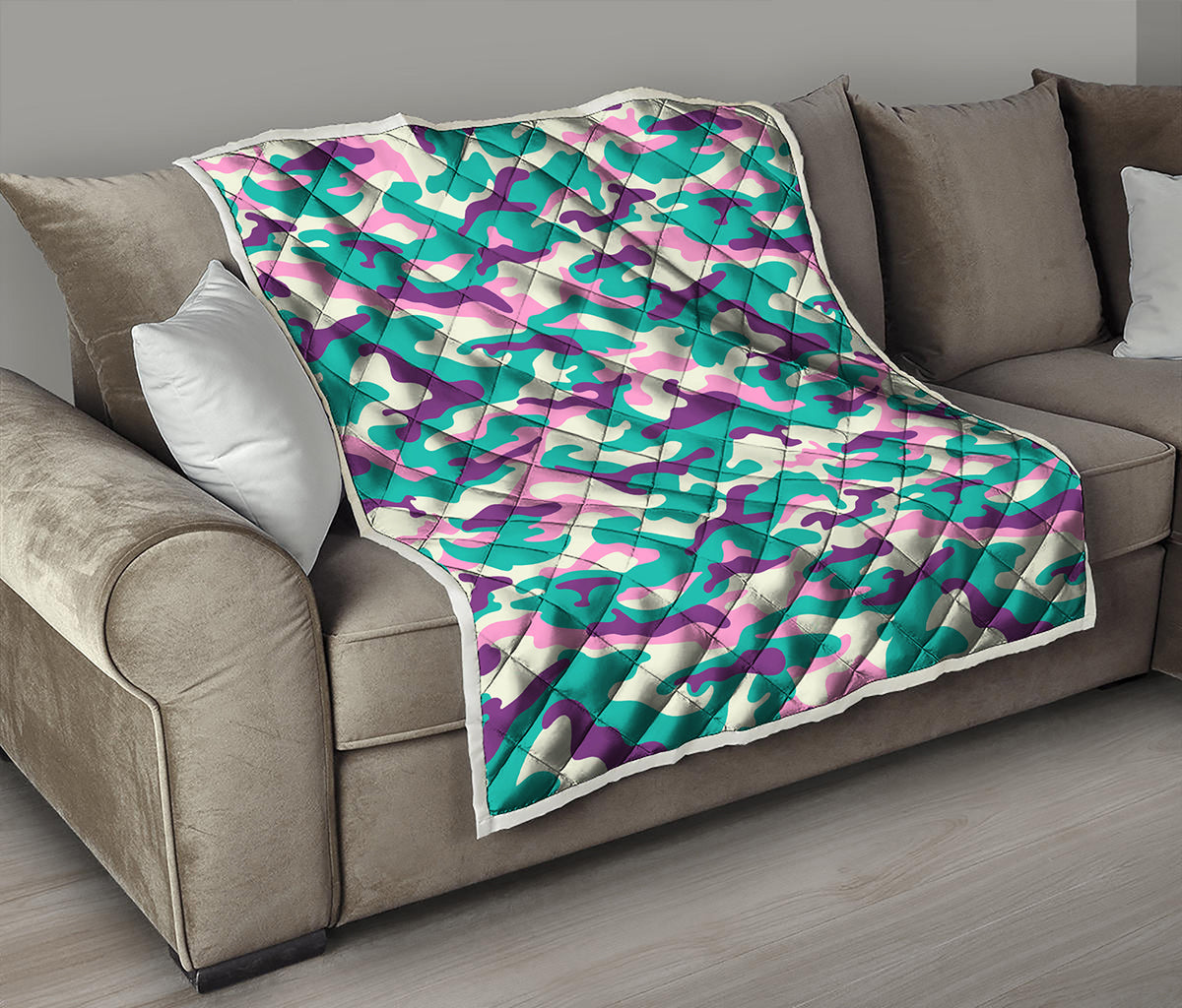 Pastel Teal And Purple Camouflage Print Quilt