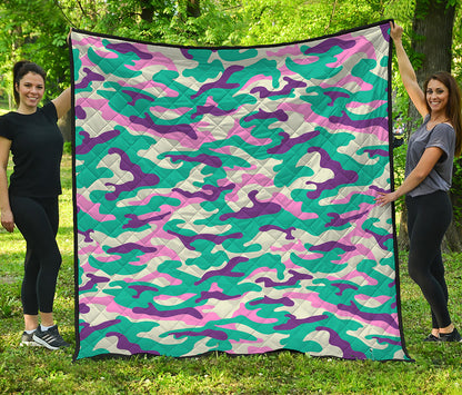 Pastel Teal And Purple Camouflage Print Quilt