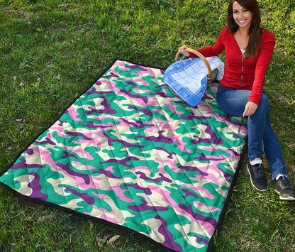 Pastel Teal And Purple Camouflage Print Quilt
