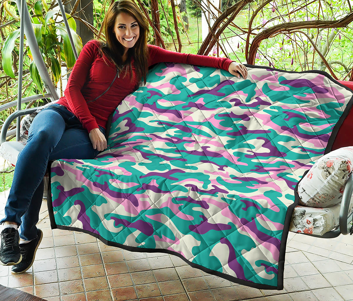 Pastel Teal And Purple Camouflage Print Quilt