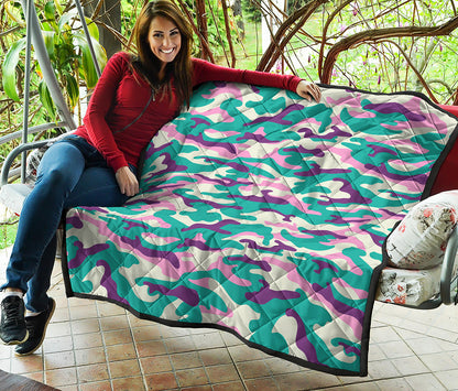 Pastel Teal And Purple Camouflage Print Quilt
