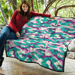 Pastel Teal And Purple Camouflage Print Quilt