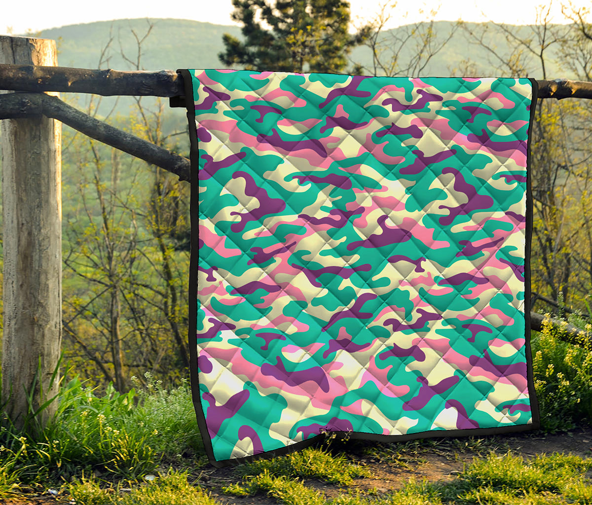 Pastel Teal And Purple Camouflage Print Quilt