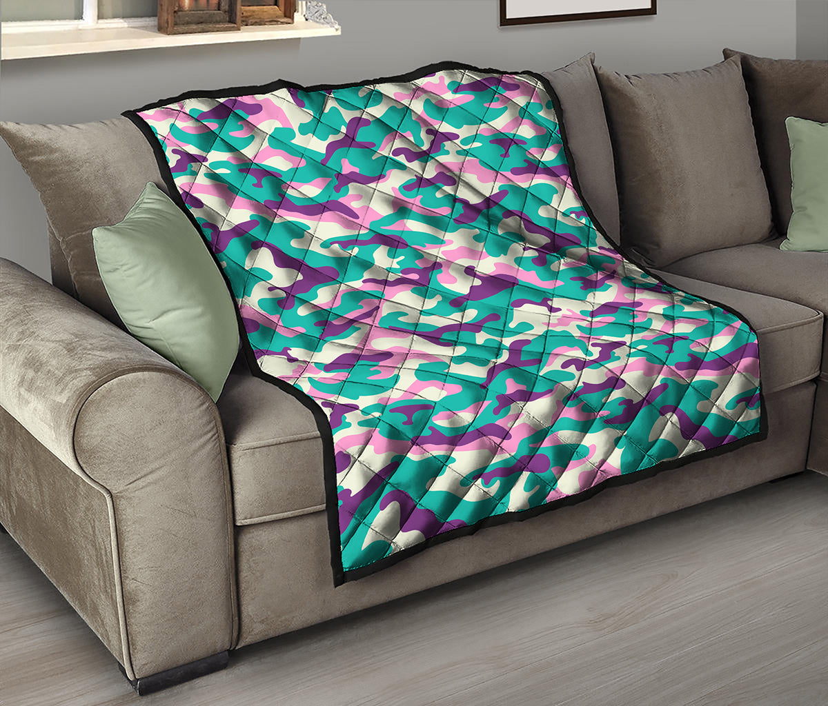 Pastel Teal And Purple Camouflage Print Quilt