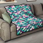 Pastel Teal And Purple Camouflage Print Quilt