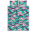 Pastel Teal And Purple Camouflage Print Quilt Bed Set